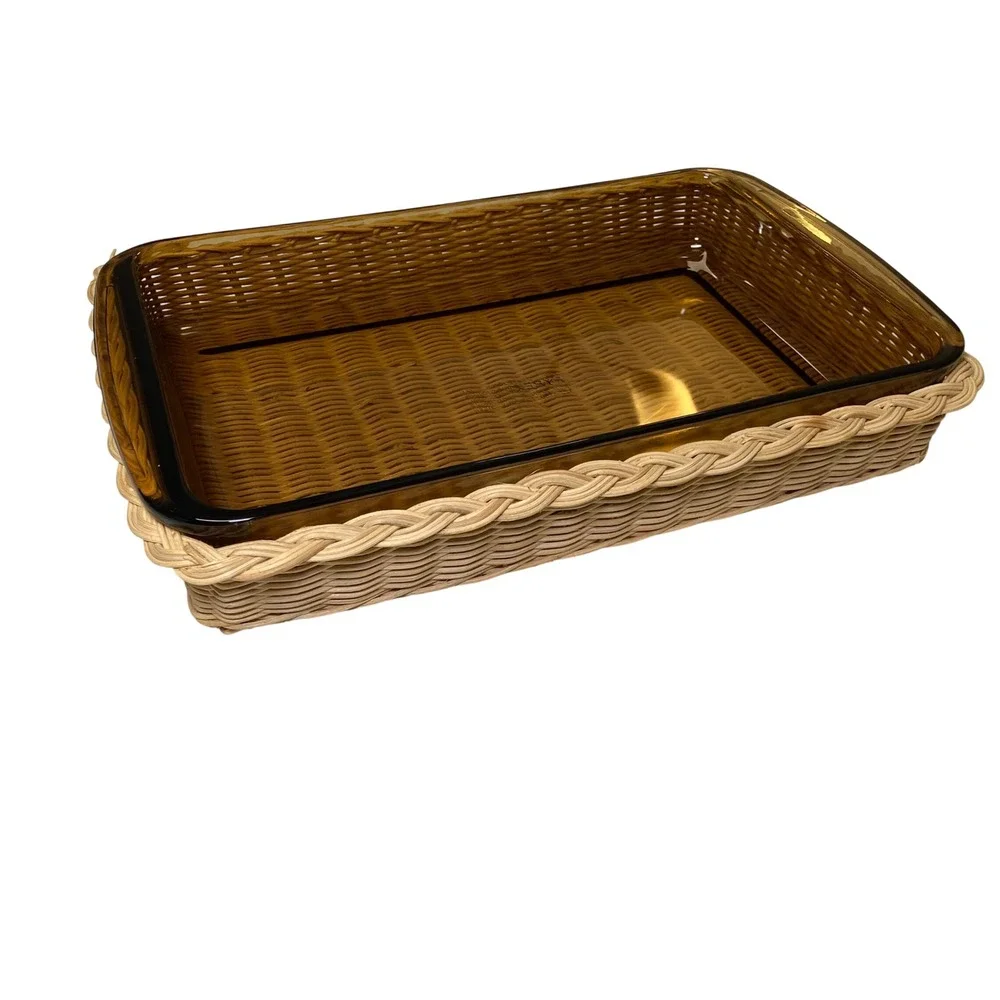 Vintage Pyrex 232 Amber Glass 2 Qt Baking Dish w/Wicker Cradle Fireside Naturals
